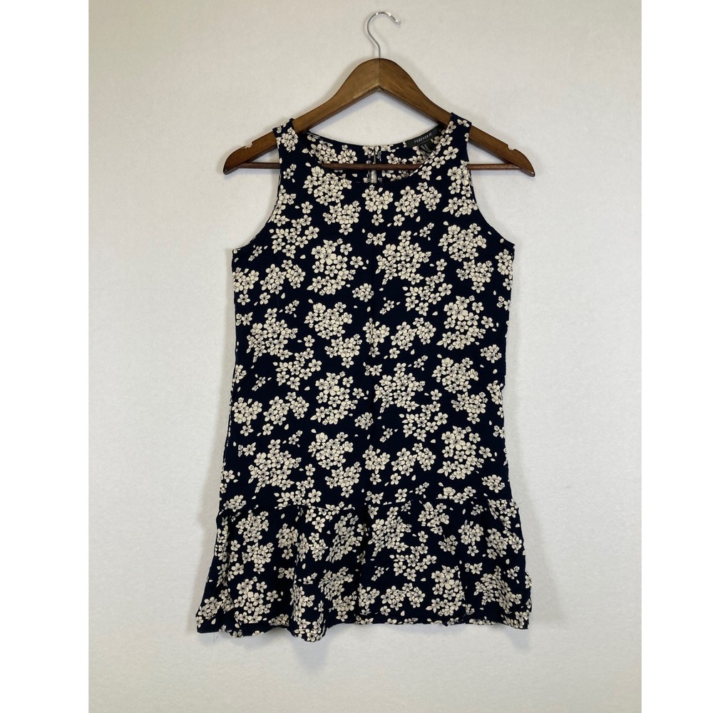 Forever 21 Floral Mini Dress Women Medium Navy Blue Drop Waist Ruffle Sleeveless